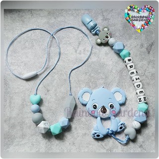 Handmade Customised Pacifier clip + Blue Koala teether & Beads necklace