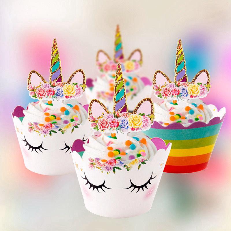 NEW 24Pcs Rainbow Unicorn Cupcake Toppers Kids Birthday Party Cake Decorations