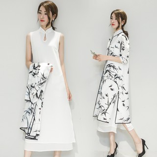 Women Chinese Style Cheongsam Ink Printing Dress Clothing 2pcs Set