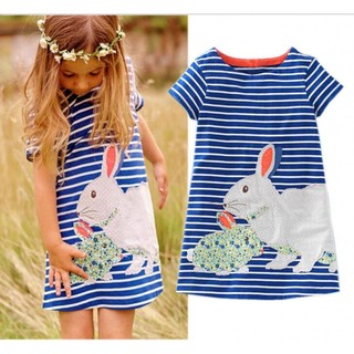Cute Toddler Kids Girls Dress Bunny Stripe Summer Casual Short Sleeve Sundress
