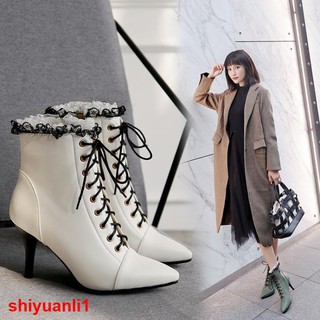 High-Heeled Pointed Toe Lace-Up Short Boots Women 33 Small Size 2020 Autumn Winter Stiletto All-Match Large W