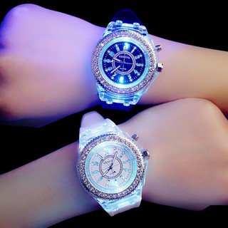 Luminous diamond watch fashion trend Men's Women's watches lover color LED jelly Silicone Geneva Transparent student wristwatch couple gift