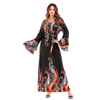 XL-5XL Muslim Dress Long Sleeve Print Lace Up Fashoin Women 2019 New Maxi Loose Plus Size Women's Dresses