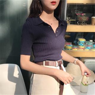[GLAM.S] Retro Knitted Polo Tops Women Half Sleeve Collar Korean Fashion Shirt