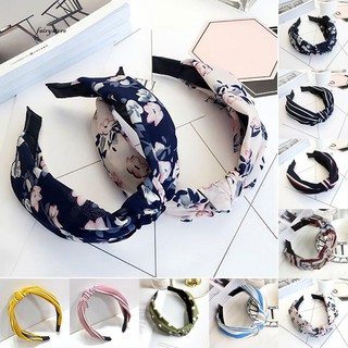 Fashion Women Floral Stripes Dots Printed Cross Knotting Hair Band Hoop Headband