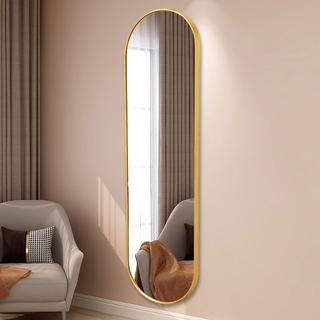 Nordic aluminum alloy oval bathroom mirror hanging cosmetic golden hang wall / wall hanging mirror whole-body / Bedroom Full-Body Mirror Hanging / Wall-Mounted Dressing Mirror Wall-Mounted Paste Hole-Free Net Red Oval Full-Length Mirror Home Large Mirror
