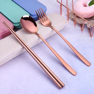 4pcs + spoon + chopsticks + fork+boxStainless Steel Reusable Metal Spoon Fork Chopsticks dessert Kit Kitchen utensils