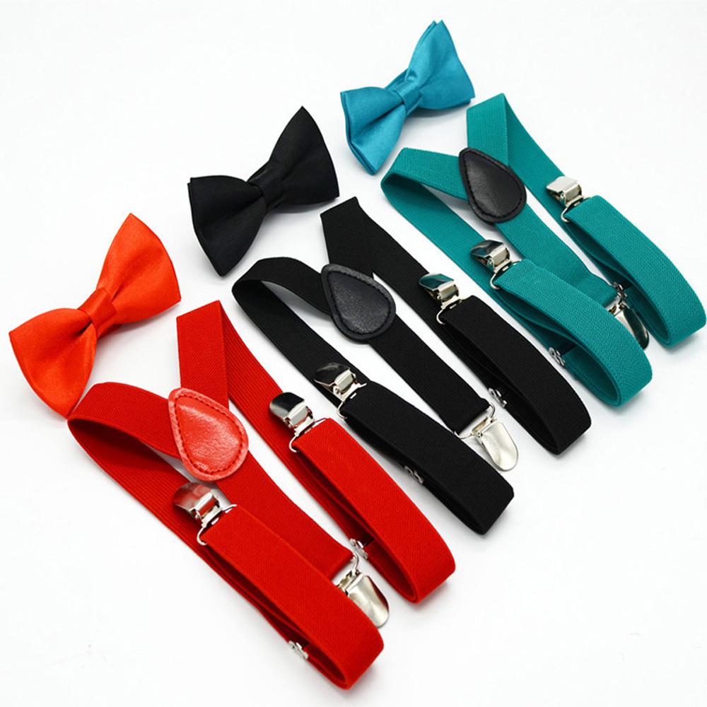 Boys Suspenders Bow Tie Set Girls Braces Matching Accesories Kids Solid color