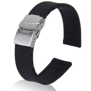 20mm Lattice Pattern Black Waterproof Silicone Watch Band Strap with Stainless Steel Deployment Clasp Buckle
