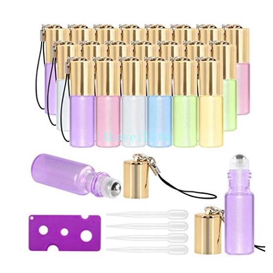 24PCs 5ml Pearlescent Colorful Glass Roller Roll on Ball Empty Bottles Sample DIY Trial bottle Sub-bottle with Sling