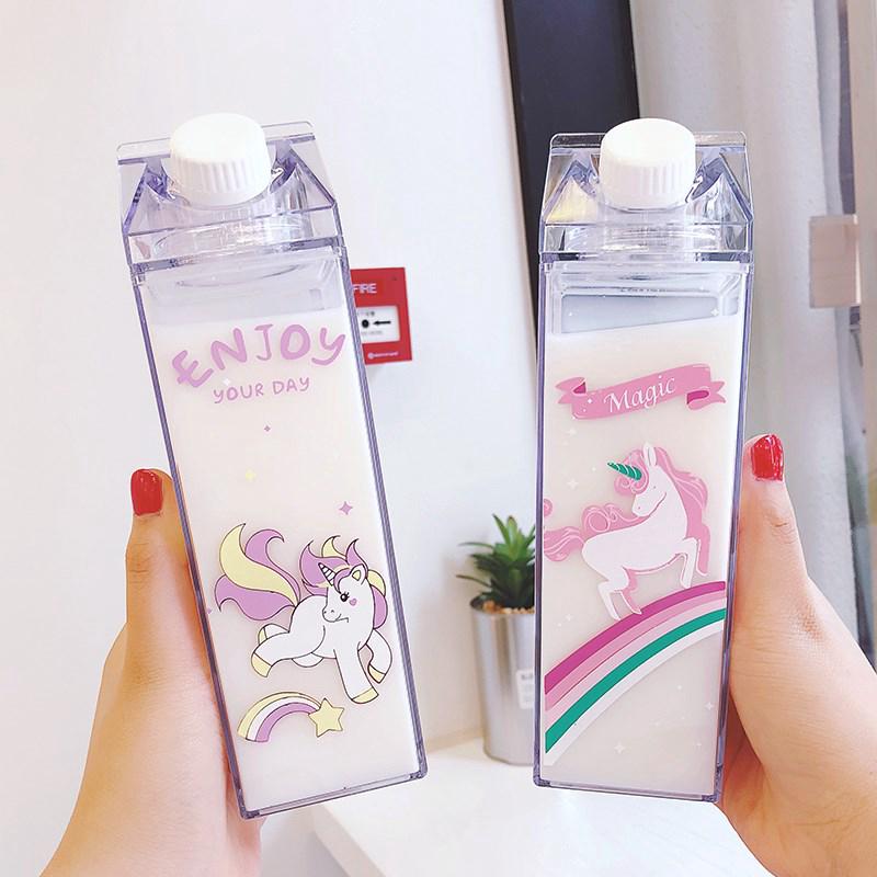 Portable Cup Novelty Milk Carton Shaped Cartoon Unicorn Printed Water Bottle