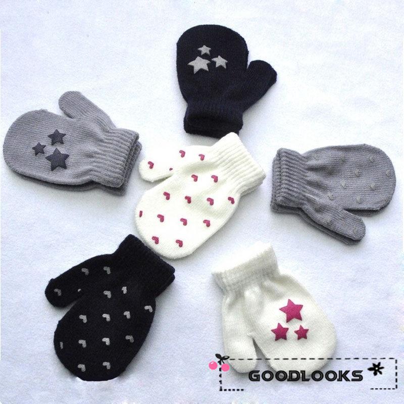 HGL♪Kids Dot Star Heart Pattern Mittens Boys Girls Soft Knitting Warm Gloves