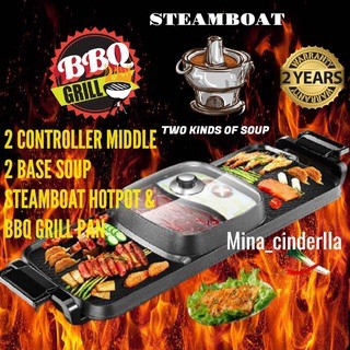 2 In 1 Electric Hot Pot BBQ Pan Grill Hotpots Steamboat Multifunction Frying Cooker（Malaysia 3-Pin Plug）
