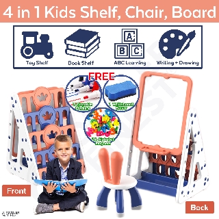 4 in 1 Kids Toy Storage Bookshelf Chair Table - Book Rack Organizer - Children Girl Boy Magnetic Whiteboard - ABC Desk