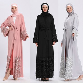 【Seventh Joy】Women Floral Printed Long Dress Robe Open Abaya Cardigan Muslim Dubai Robe Gown