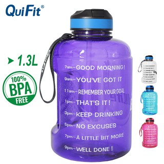 QuiFit 1.3L/43OZ Gallon Motivational Water Bottle Wide Mouth with Straw Time Marked to Drink More Daily BPA Free Sport