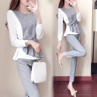 🔥💞2 pieces set Women Elegant Designed Grey Stripe Suit Set Blouse & Pants Wearing Set Office Lady Clothing Set