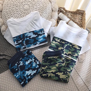 【For 9.9】【Shocking 02:00-08:00】【Boy Set】2021 Summer Navy Blue and Army Green Camouflage T Shirts + Pants Leisure Kids Clothes