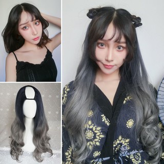 U-shaped wig long curly hair gradually gray