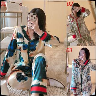 Women Silk Pyjamas Nightwear Set Long Sleeves Floral Print Baju Tidur Pajamas Ladies Silk Satin Sleepwear Home Wear