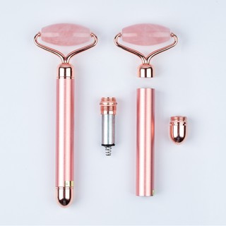 Double Head Multifunction Natural Rose Quartz Slim Electric Beauty Bar Face Massage Roller Care Vibration（Not include battery）