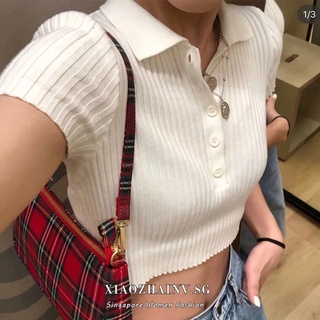 Xiaozhainv fashion Sexy Women BM High waist Polo collar knitting Short sleeve Crop top