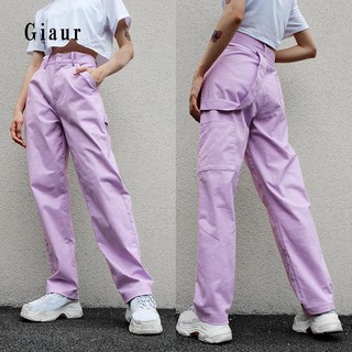 GIAUR Solid Color Loose High Waist Women Cargo Pants Decorative Strap Long Trousers