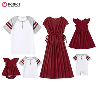 PatPat Mosaic Family Matching Red and White Series Sets(V-neck Dresses - T-shirts - Rompers)-For Mommy&Gril