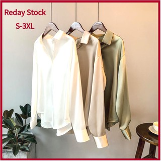 Women'S Blouse Long-Sleeved Satin New Loose Four-Color Plus Size Vintage Shirt Korean Style S-3XL Button Solid Color Polo TOP