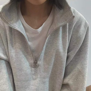 Stand Collar Half Zip Sweater Women's Pullover Lazy Coat Gray, Long Sleeve Top