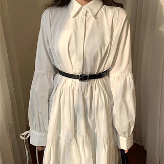 □✳◊Small white skirt of new fund 2020 autumn fairy bind retro loose POLO shirt collar inside take long dress female