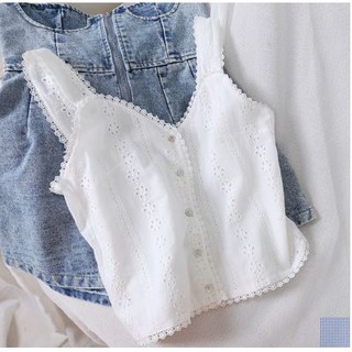 J Label ♥ A016 Crochet Lace White Flower Eyelet V Collar Crop Top Button up Free Size Single Colour