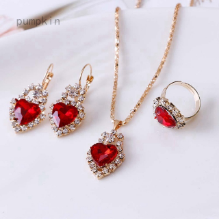 Fashion 18K Gold Plated Necklace Ring Earrings Set Heart Shape Rhinestone Zircon Pendant Jewelry Set