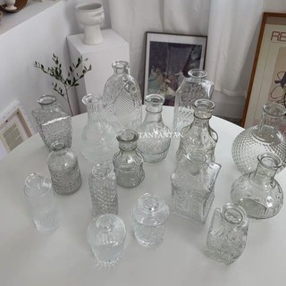 TANins Korea Transparent Glass Vase Retro Small Caliber Flower Arrangement Embossed Nordic Baroque Decorat