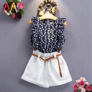 bellemoda- Girls 2pcs Clothing Outfits Set Floral Chiffon Polka Dot Sleeveless Tops + Shorts Suit Summer