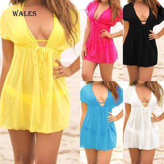 Wales&Women Beach Dress Cover Up Solid Color Summer Swimwear Deep V-Neck Sexy Sarong