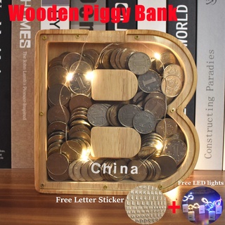 Lowest price💯Wooden Piggy Bank Creative Customizable Alphabet Storage Tank Personalized Desktop Ornament Home Decoration Xmas new Year gift