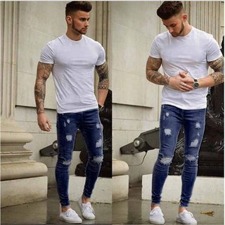 Men's Jeans Slim Denim Ripped Fit Skinny Frayed Biker Pants cool fashion boy