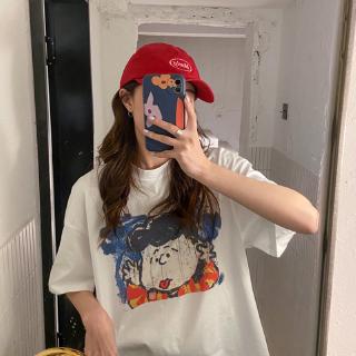 Korean Wide Charlie Snoopy Lucy Graffiti Printed Cotton Short Sleeve T-Shirt
