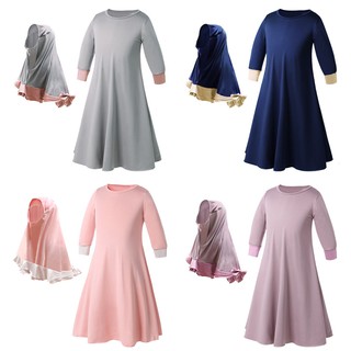 Muslim Children's dress2 pieces Long-sleeved Muslim Dress with Cover Head Two-piece Hi-Shirt Children's Dress