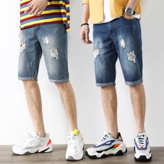 Vintage Men's Ripped Denim Shorts Jeans Knee Length Short Stripe on Pocket Size 27-36