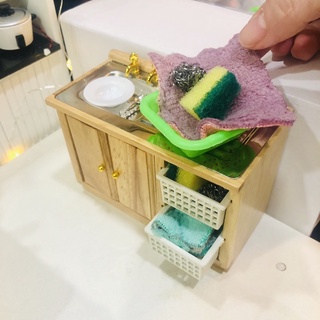 Miniature Dollhouse Collectible Mini World Kitchen Washing Utensils Cloths Sponge Wooden Sink Cabinet 微缩仿真迷你厨房洗涤用品