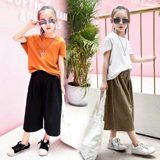 2019 summer girls wide leg pants suit cotton loose solid color casual two-piece