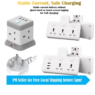 Cube Extension Lead with USB, (SG Ready Stock) 4 Way Power Strip with 3 USB Ports 3M Extension Cords, UK Power Socket with Switch for Home, Office, Travel, Dorm Room