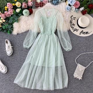 V-neck dress Super-fairy Lantern Sleeve French fairy waist-length lace screen dress + suspender skirt two sets