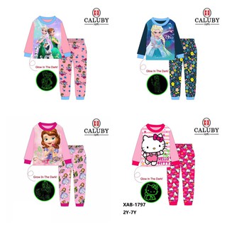 [SG SELLER] Caluby kids Cartoon Pyjamas girls sleepwear children frozen 2 unicorn hello kitty glow in the dark