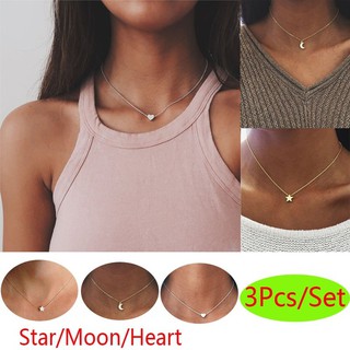 3Pcs/Set Bohemian Moon Star Heart Pendant Choker Necklace