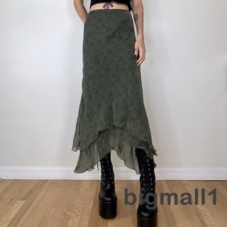 BIGMALL-Women Midi Skirt, Adults Floral Print High Waist Ruffled Summer Skirt , Army Green, S/M/L