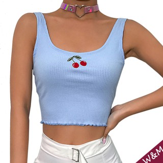 Women Ribbed Cherry Embroidery Cropped Sleeveless T-Shirts