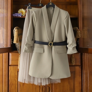 Plus Size Two Piece Set Women's Long Sleeve Blazer+korean High Waist Pleated Skirt